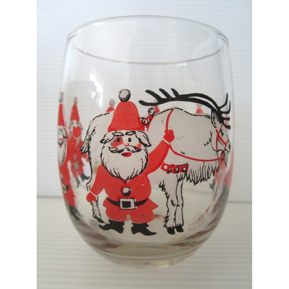Georges Briard Waving Santa Reindeer Cocktail Glass MCM Christmas Barware
